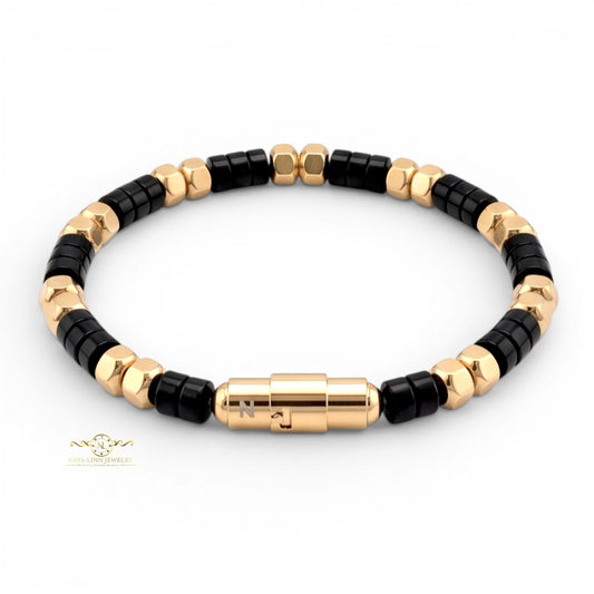 Ariston Men's Black Agate Bracelet, Gold Plated with Magnetic Bayonet Clasp