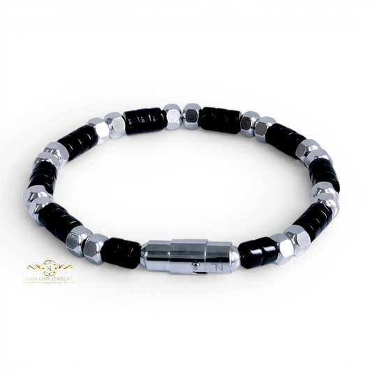 Ariston Men's Black Agate Bracelet with Magnetic Bayonet Clasp