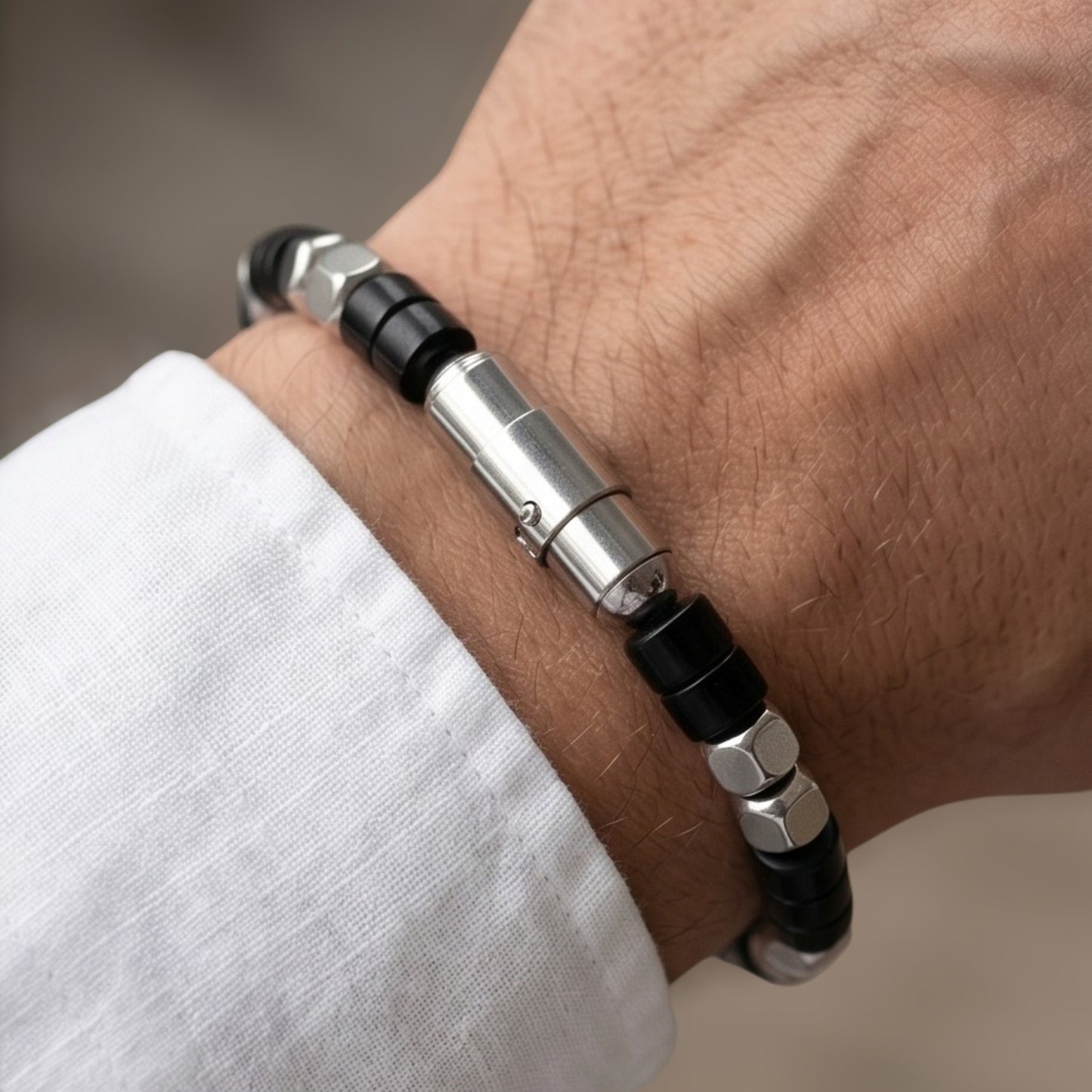 Ariston Men's Black Agate Bracelet, Gold Plated with Magnetic Bayonet Clasp