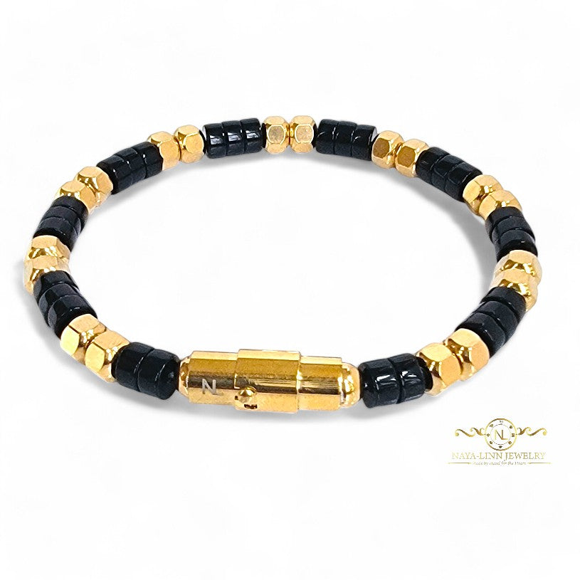 Ariston Men's Black Agate Bracelet, Gold Plated with Magnetic Bayonet Clasp