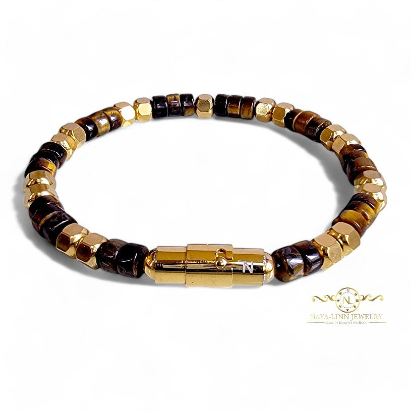 Ariston Men's Black Agate Bracelet, Gold Plated with Magnetic Bayonet Clasp