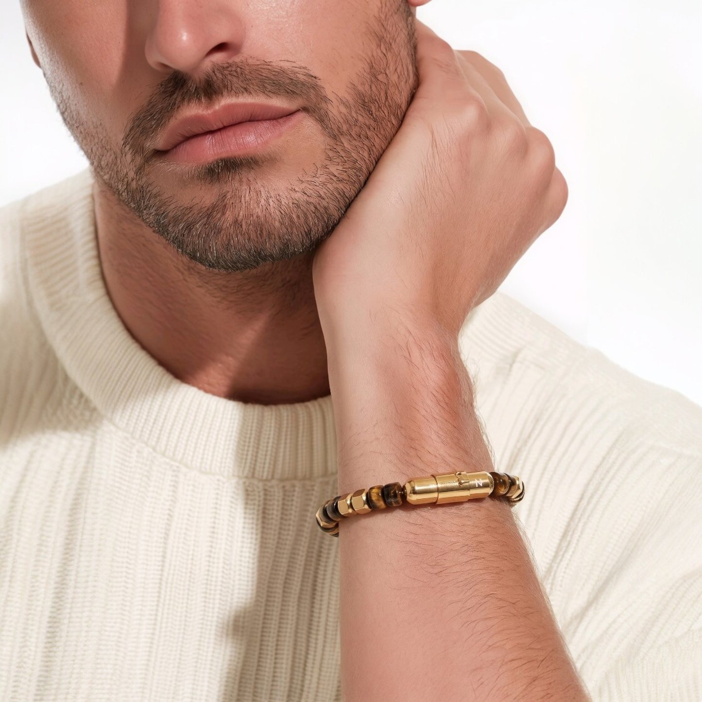 Ariston Men's White Howlite Bracelet, Gold Plated with Magnetic Bayonet Clasp