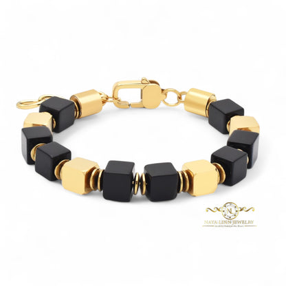 Caesar Men’s Bracelet – 8mm Square Tiger’s Eye or Black Agate Beads with 18k Gold Plated or Stainless Steel Accents