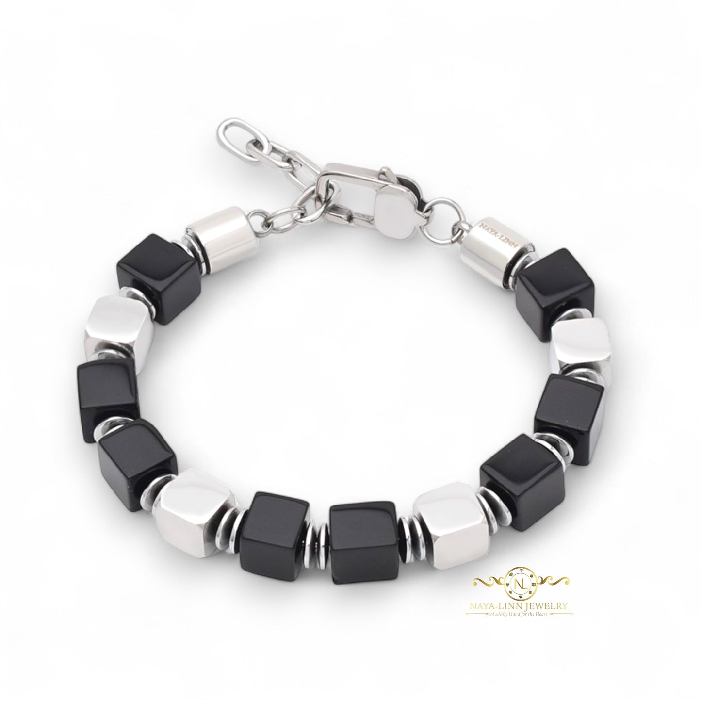 Caesar Men’s Bracelet – 8mm Square Tiger’s Eye or Black Agate Beads with 18k Gold Plated or Stainless Steel Accents