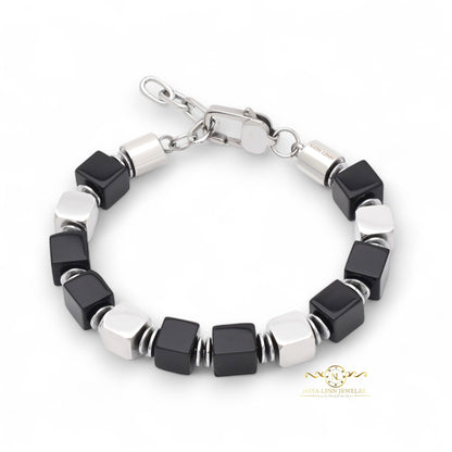 Caesar Men’s Bracelet – 8mm Square Tiger’s Eye or Black Agate Beads with 18k Gold Plated or Stainless Steel Accents