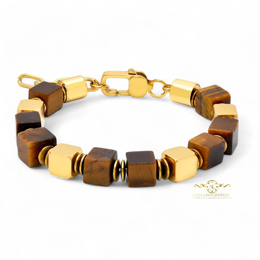 Caesar Men’s Bracelet with 8mm Square Tiger’s Eye Stones & 18K Gold-Plated Accents