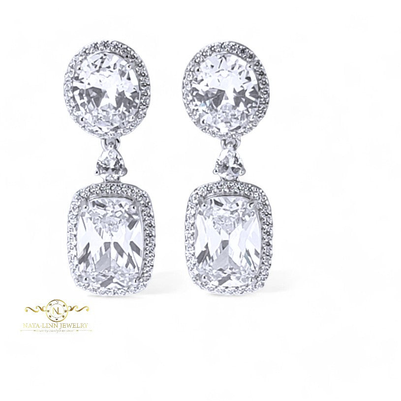 Carol Drop Earrings | Radiant Cut Diamond Simulants | 925 Sterling Silver | Statement Earring By Naya-Linn Jewelry