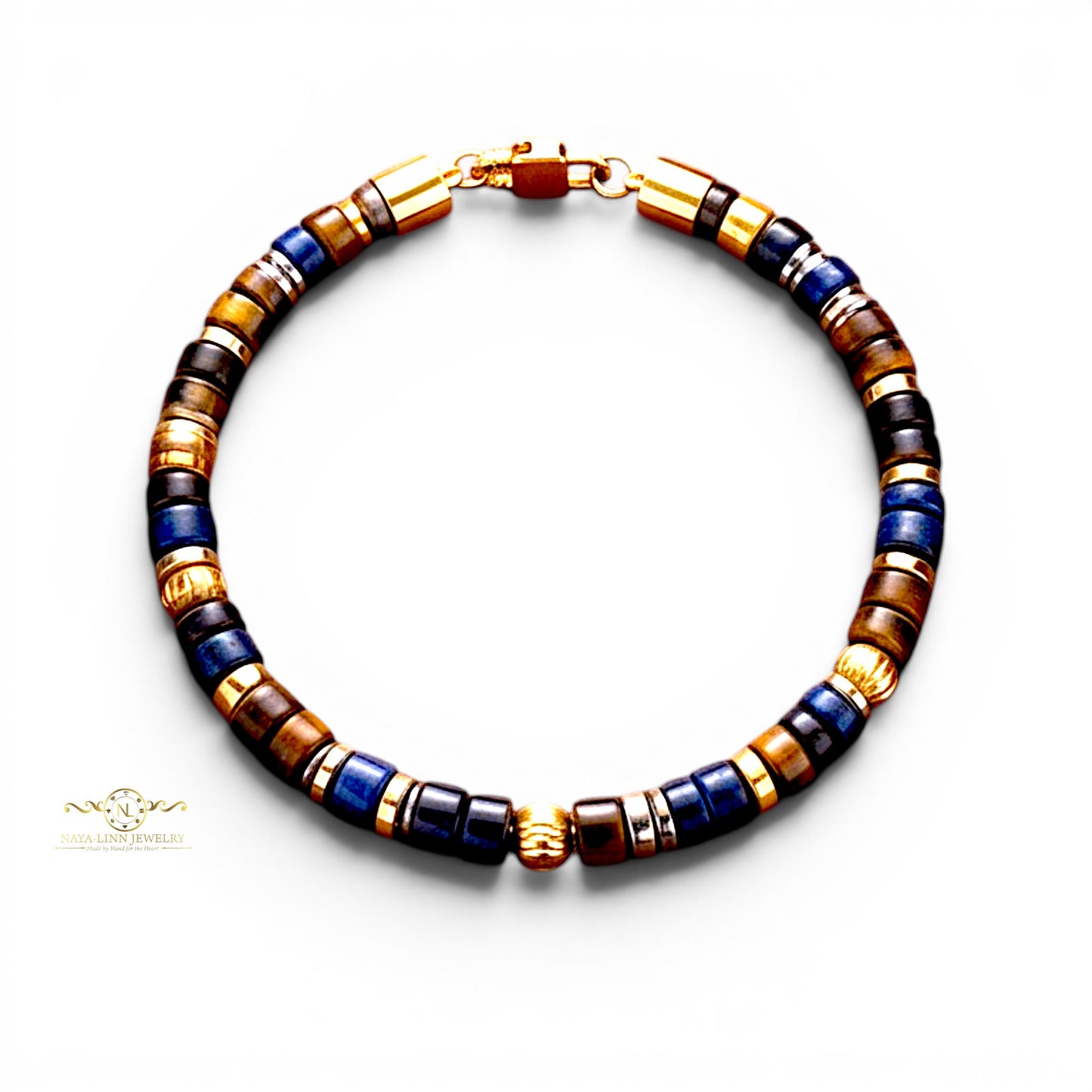 Cyrus Men’s Bracelet, 4x2MM Tiger’s Eye & Lapis Lazuli Natural Gemstones with Lobster Clasp