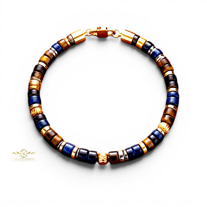 Cyrus Men’s Bracelet, 4x2MM Tiger’s Eye & Lapis Lazuli Natural Gemstones with Lobster Clasp
