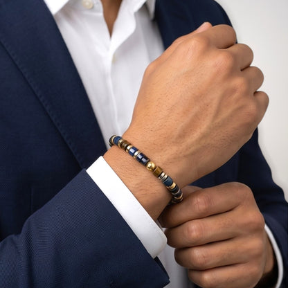 Cyrus Men’s Bracelet, 4x2MM Tiger’s Eye & Lapis Lazuli Natural Gemstones with Lobster Clasp
