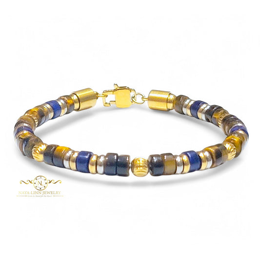 Cyrus Men’s Bracelet, 4x2MM Tiger’s Eye & Lapis Lazuli Natural Gemstones with Lobster Clasp
