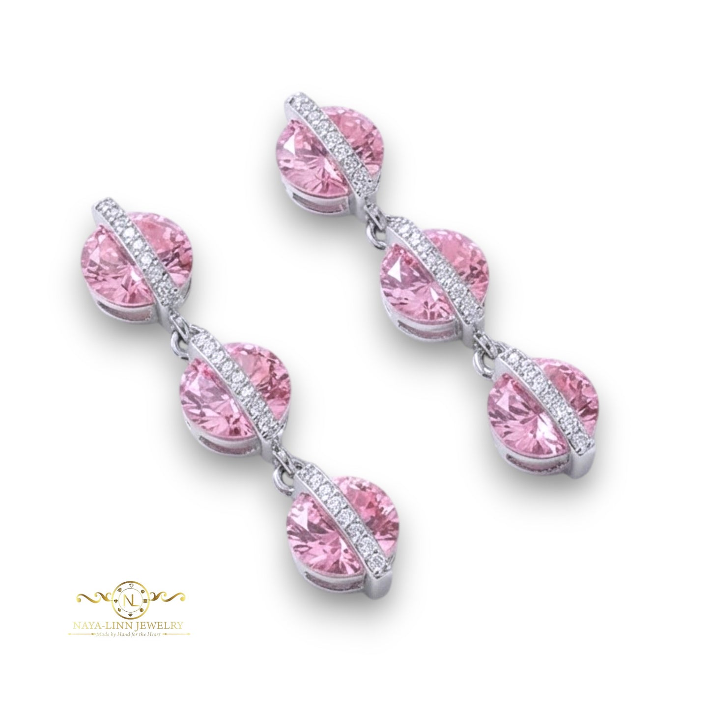 Donna Tri-Step Drop Earrings Sterling Silver Sakura Pink Stones