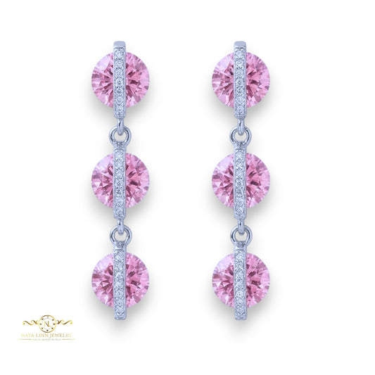 Donna Tri-Step Drop Earrings Sterling Silver Sakura Pink Stones