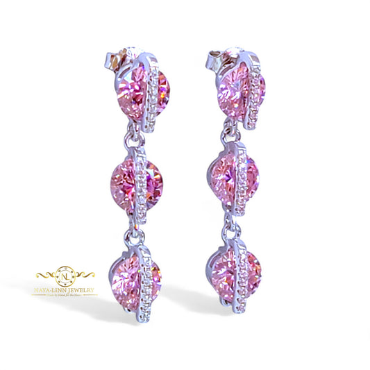 Donna Tri-Step Drop Earrings Sterling Silver Sakura Pink Stones