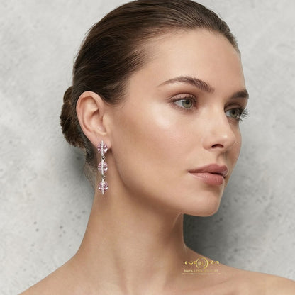 Donna Tri-Step Drop Earrings Sterling Silver Sakura Pink Stones