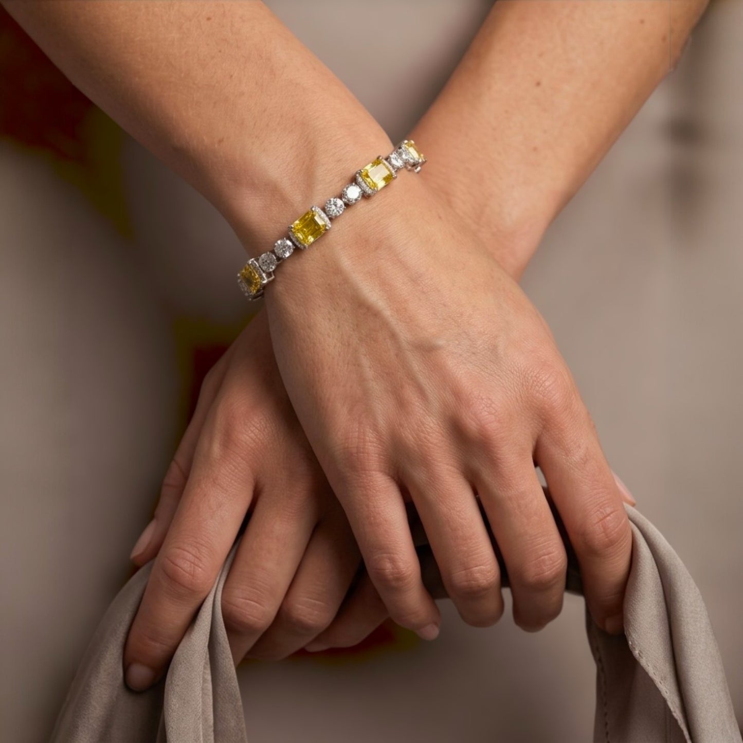 Elaine Bracelet |Yellow Lab Topaz, Pink Lab Sappire | 18K White Gold Plated Over Sterling Silver | 8x6/4MM Cuts | Gift For Her | Birthday