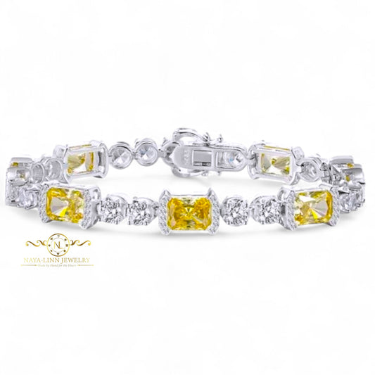Elaine Bracelet |Yellow Lab Topaz, Pink Lab Sappire | 18K White Gold Plated Over Sterling Silver | 8x6/4MM Cuts | Gift For Her | Birthday