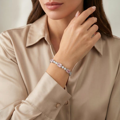 Elaine Bracelet |Yellow Lab Topaz, Pink Lab Sappire | 18K White Gold Plated Over Sterling Silver | 8x6/4MM Cuts | Gift For Her | Birthday