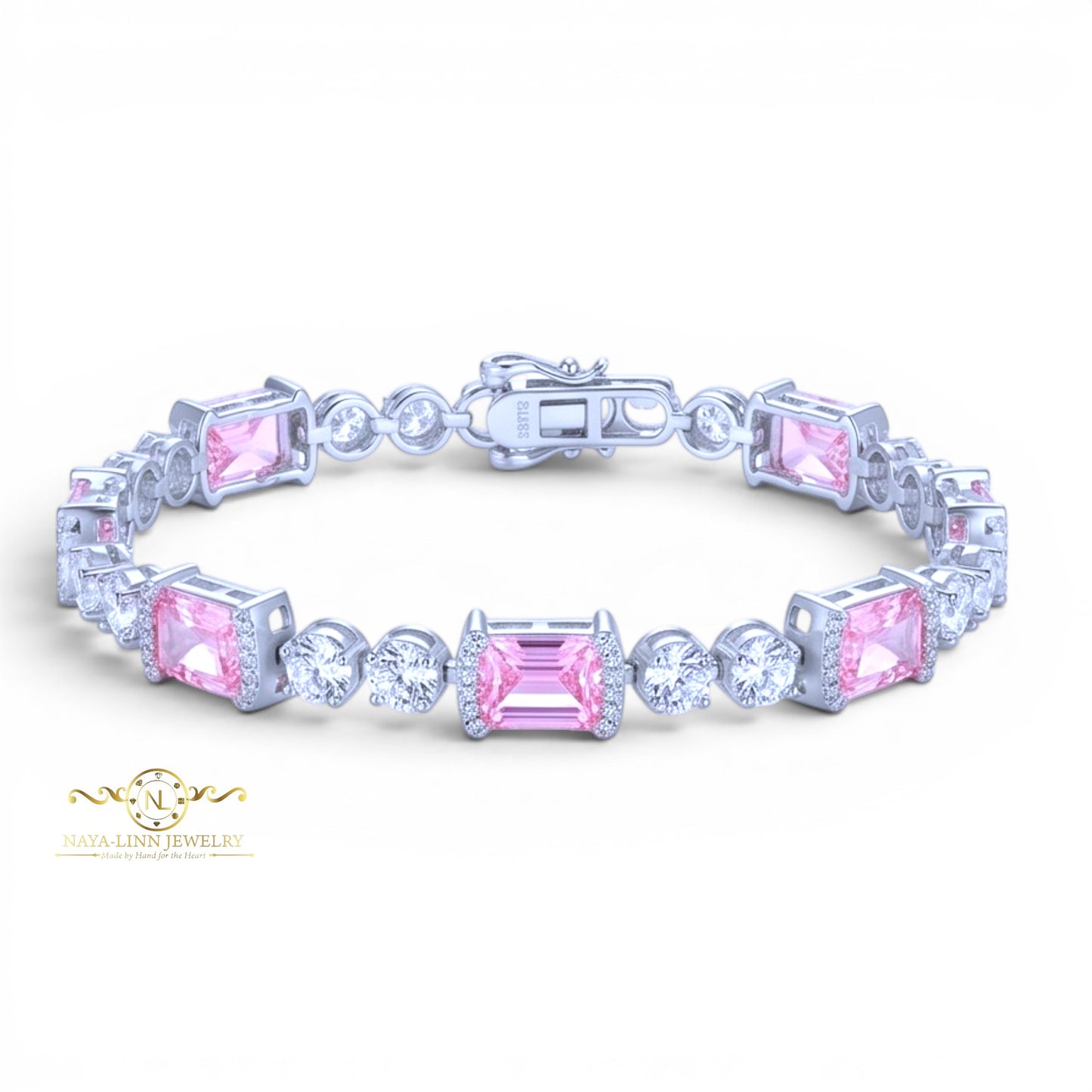 Elaine Bracelet |Yellow Lab Topaz, Pink Lab Sappire | 18K White Gold Plated Over Sterling Silver | 8x6/4MM Cuts | Gift For Her | Birthday