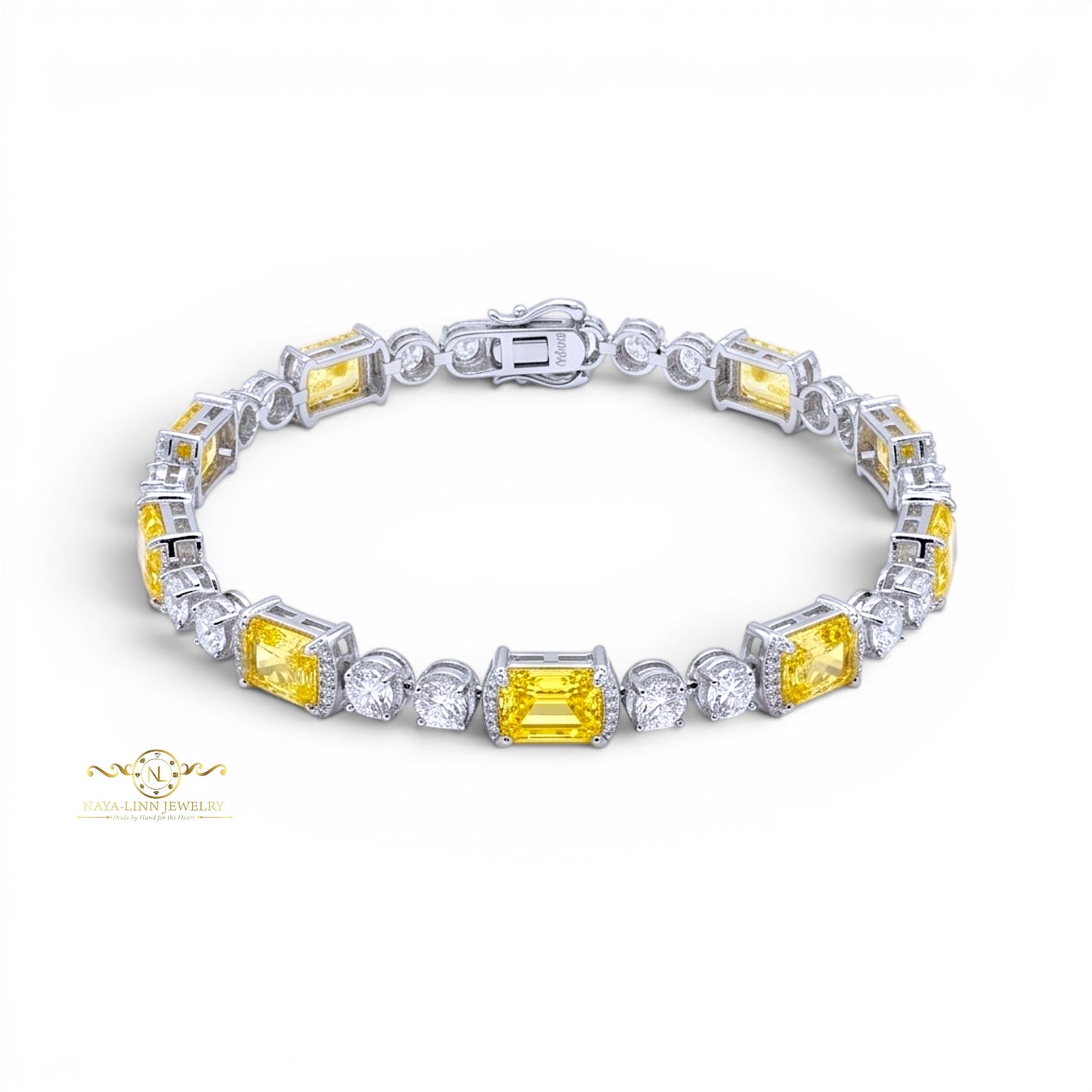 Elaine Bracelet |Yellow Lab Topaz, Pink Lab Sappire | 18K White Gold Plated Over Sterling Silver | 8x6/4MM Cuts | Gift For Her | Birthday