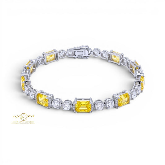 Elaine Bracelet |Yellow Lab Topaz, Pink Lab Sappire | 18K White Gold Plated Over Sterling Silver | 8x6/4MM Cuts | Gift For Her | Birthday