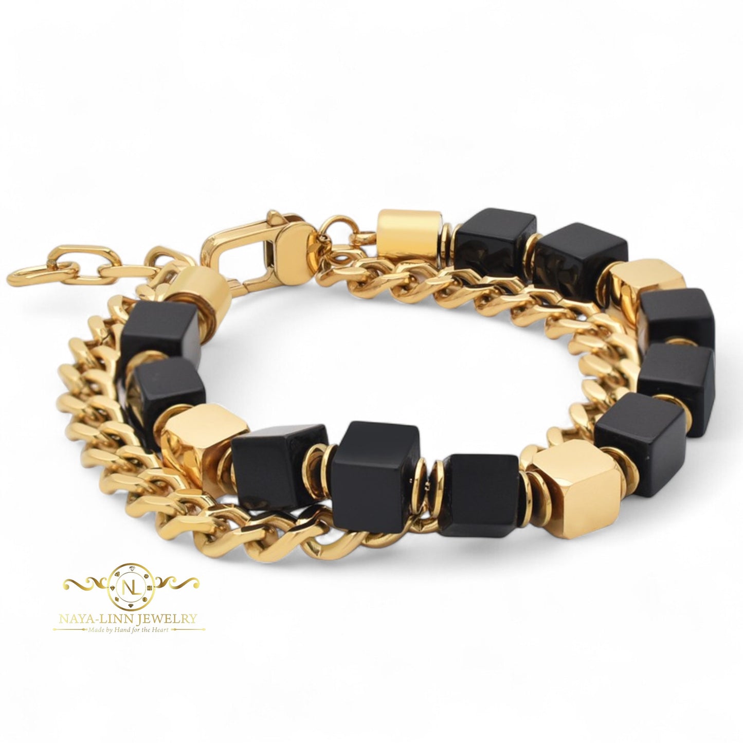 Emmy Men’s Double Decker Bracelet I 8mm Square Natural Gemstones | Link Chain