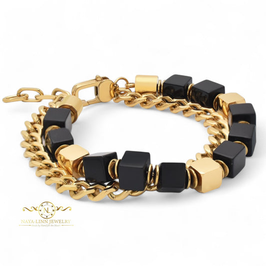 Emmy Men’s Double Decker Bracelet I 8mm Square Natural Gemstones | Link Chain