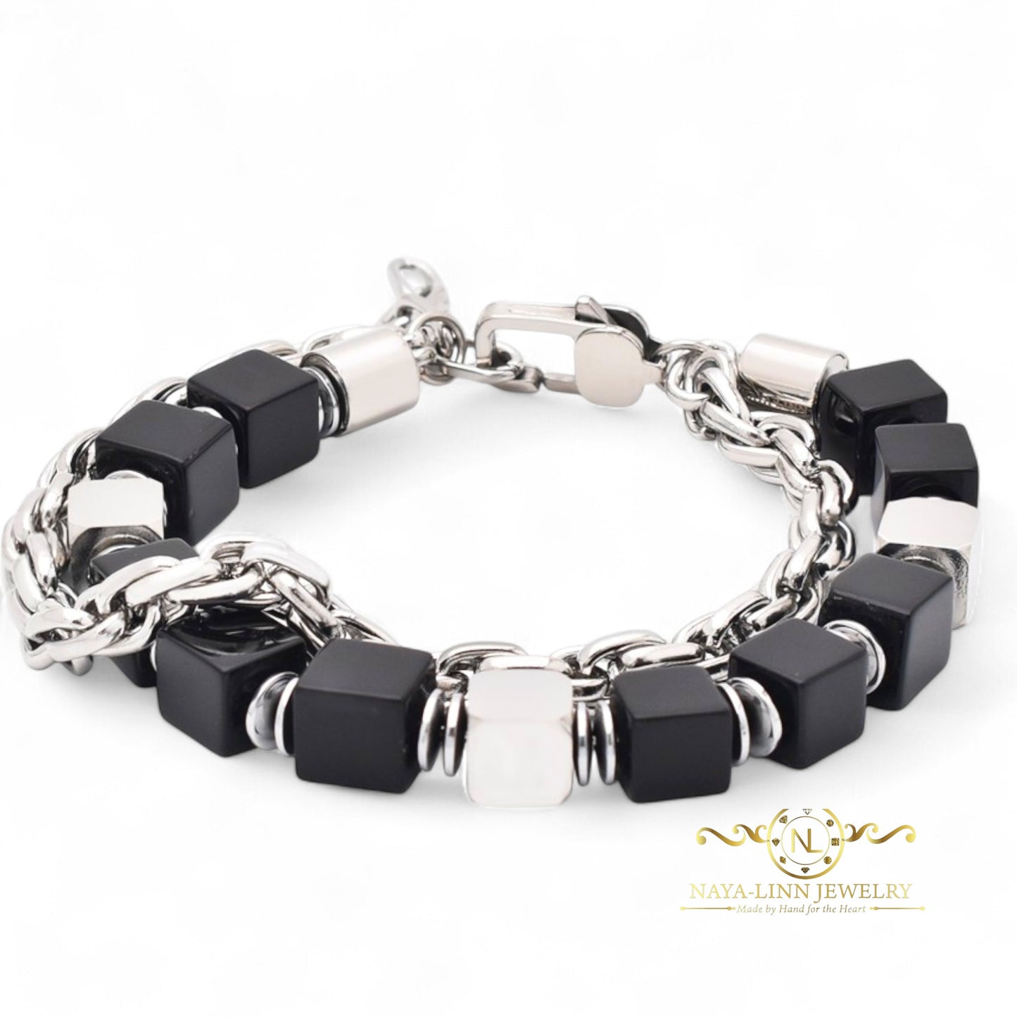 Emmy Men’s Double Decker Bracelet I 8mm Square Natural Gemstones | Link Chain