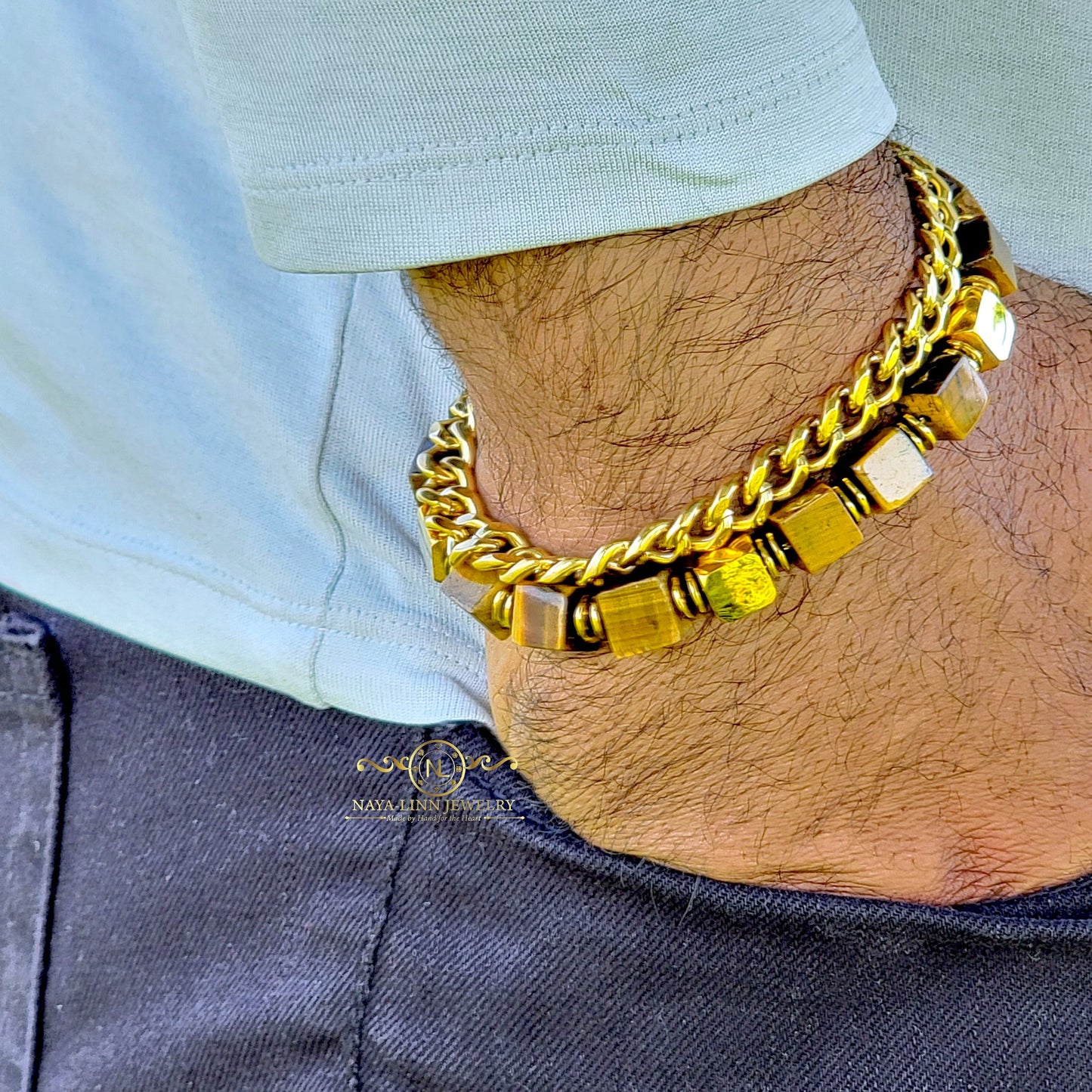 Emmy Men’s Double Decker Bracelet I 8mm Square Natural Gemstones | Link Chain