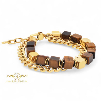 Emmy Men’s Double Decker Bracelet I 8mm Square Natural Gemstones | Link Chain