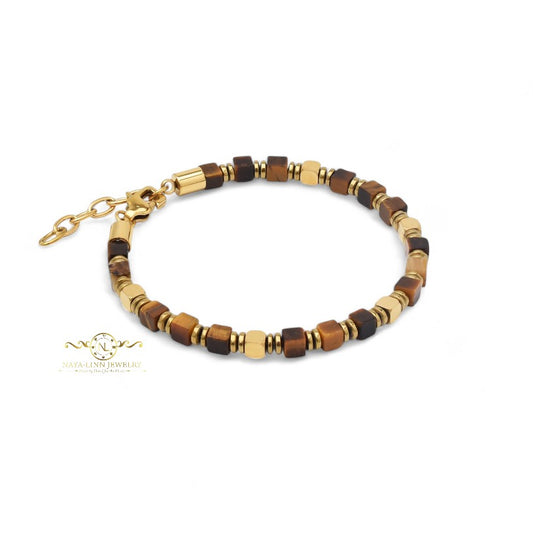 Eren Men/Women's 4MM Square Tiger's Eye Natural Stone Beaded Minimalist Bracelet