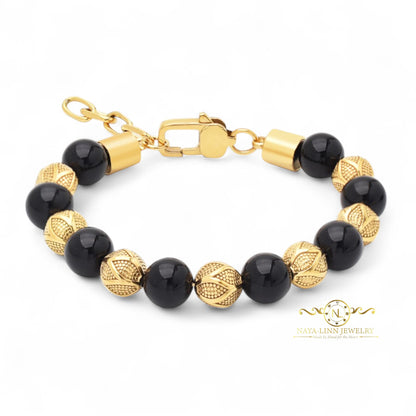 Kalu Men's Bracelet | 10mm Black Agate Beads | Metal Rounds | Lobster Clasp | Extender Chain