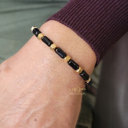 Hector 6x10MM Black Agate Men's Bracelet, 18K Gold Plating with Lobster Clasp