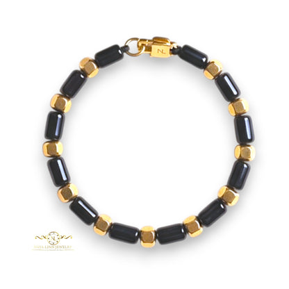 Hector 6x10MM Blue Sandstone Men's Bracelet, 18K Gold Plating with Lobster Clasp