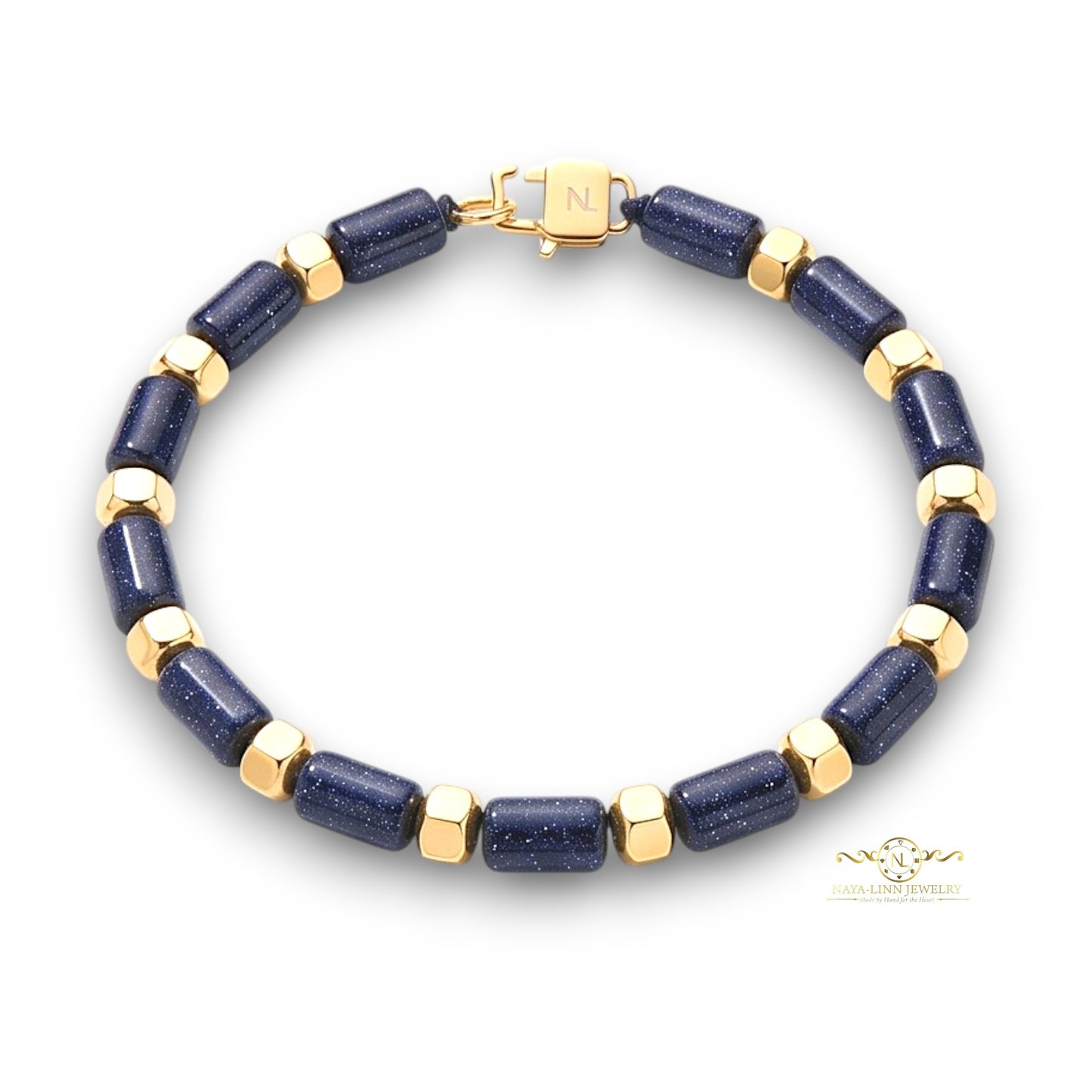 Hector 6x10MM Blue Sandstone Men's Bracelet, 18K Gold Plating with Lobster Clasp