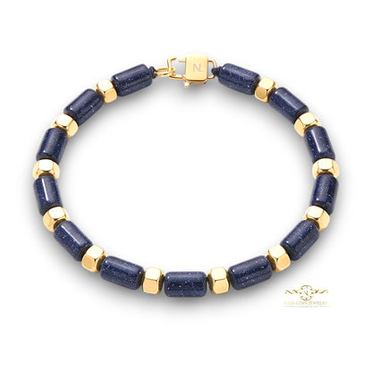 Hector 6x10MM Blue Sandstone Men's Bracelet, 18K Gold Plating with Lobster Clasp