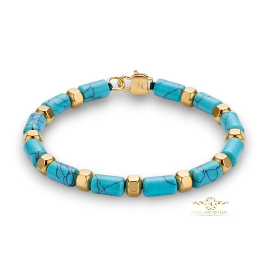Hector 6x10MM Blue Howlite Men's Bracelet, 18K Gold Plating with Lobster Clasp
