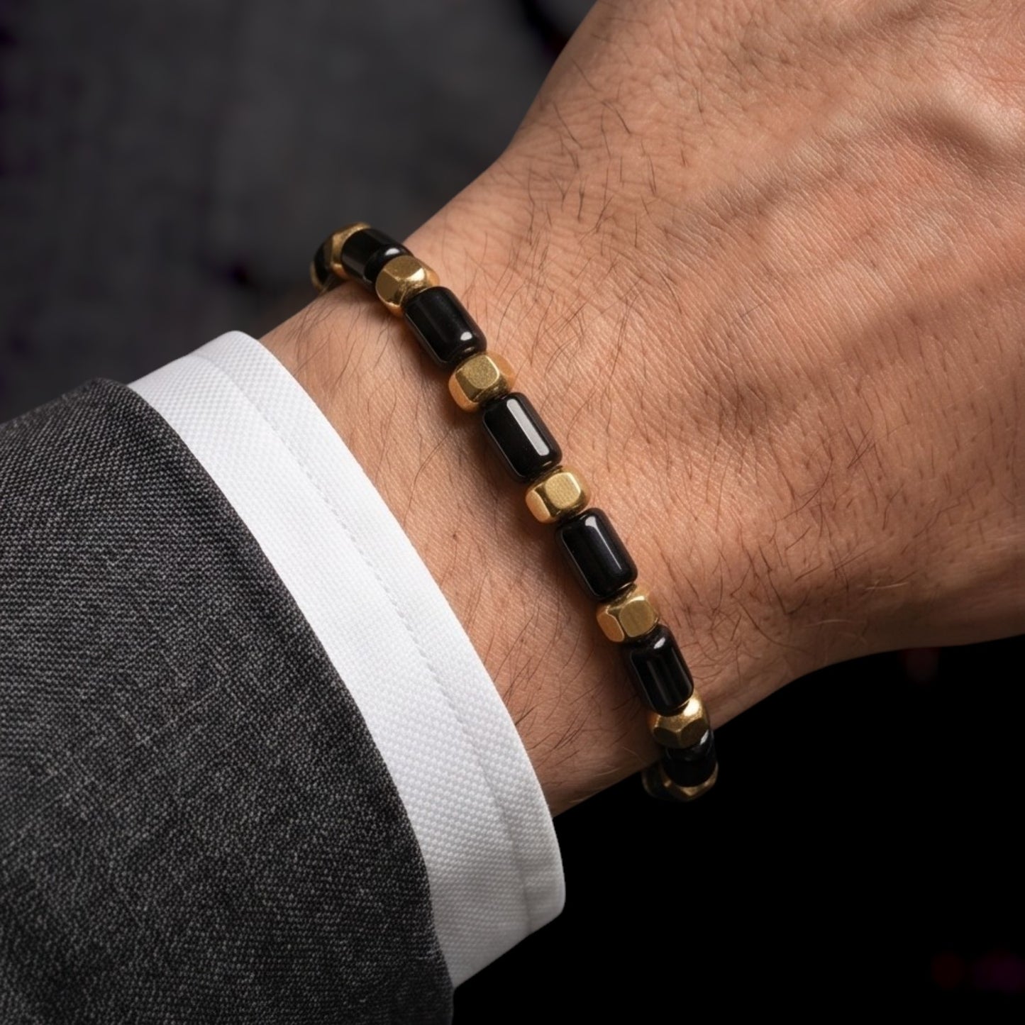 Hector 6x10MM Blue Sandstone Men's Bracelet, 18K Gold Plating with Lobster Clasp