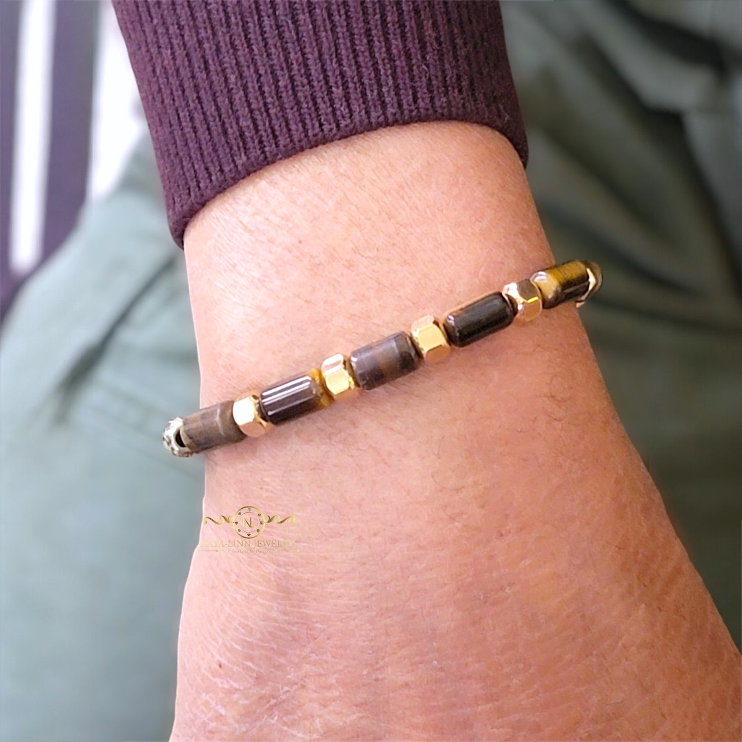 Hector 6x10MM Tiger's Eye Men's Bracelet, 18K Gold Plating with Lobster Clasp