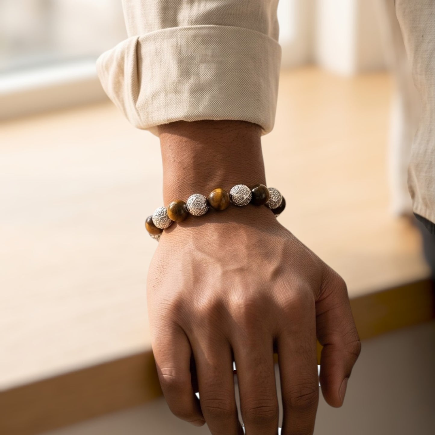 Kalu Men's Bracelet | 10mm Tiger Eye Beads | Metal Rounds | Lobster Clasp | Extender Chain