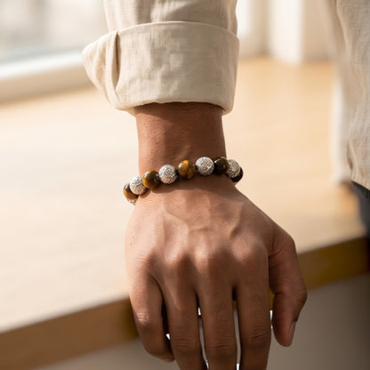 Kalu Men's Bracelet | 10mm Tiger Eye Beads | Metal Rounds | Lobster Clasp | Extender Chain
