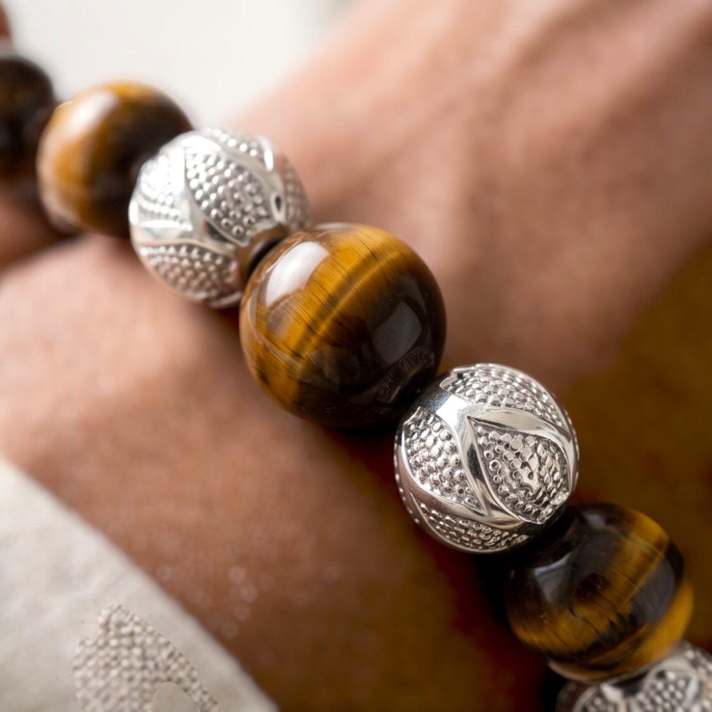 Kalu Men's Bracelet | 10mm Tiger Eye Beads | Metal Rounds | Lobster Clasp | Extender Chain