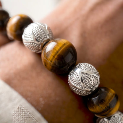 Kalu Men's Bracelet | 10mm Tiger Eye Beads | Metal Rounds | Lobster Clasp | Extender Chain