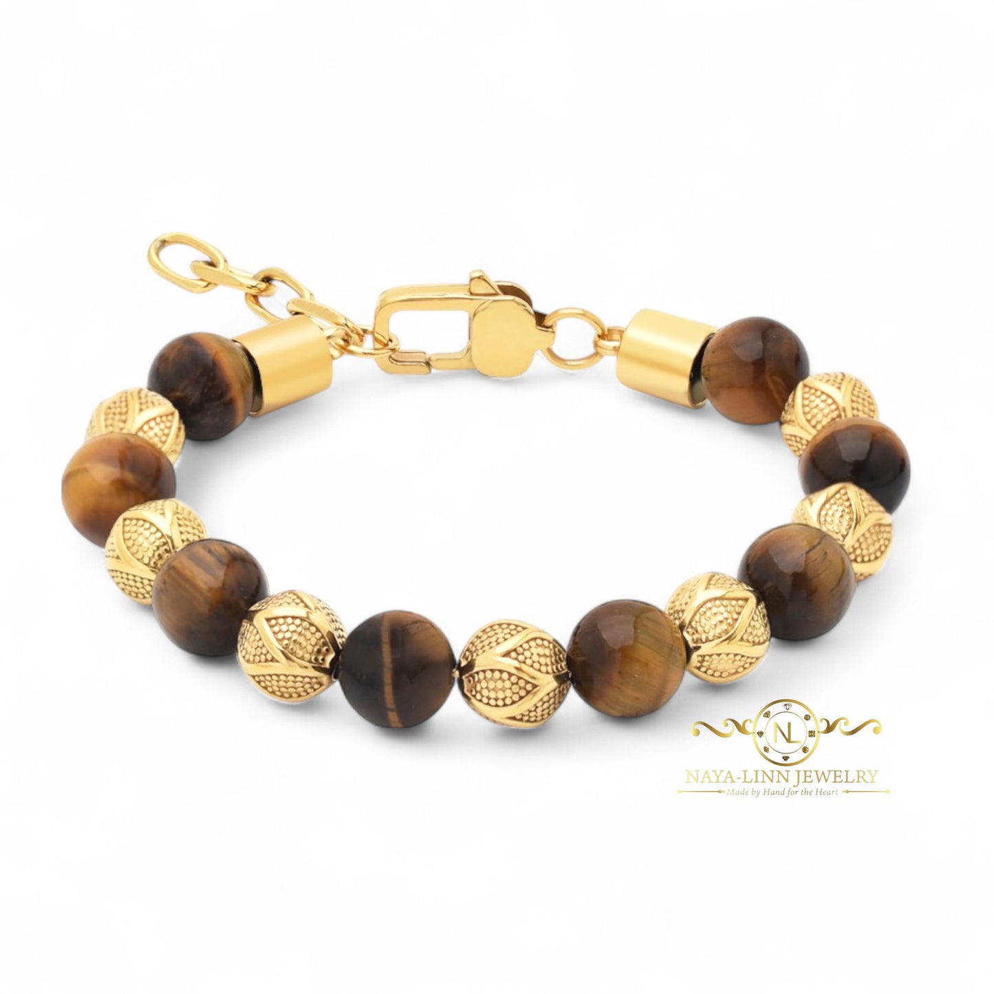 Kalu Men's Bracelet | 10mm Tiger Eye Beads | Metal Rounds | Lobster Clasp | Extender Chain