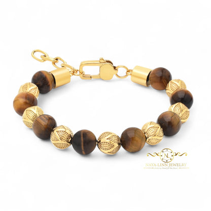 Kalu Men's Bracelet | 10mm Tiger Eye Beads | Metal Rounds | Lobster Clasp | Extender Chain