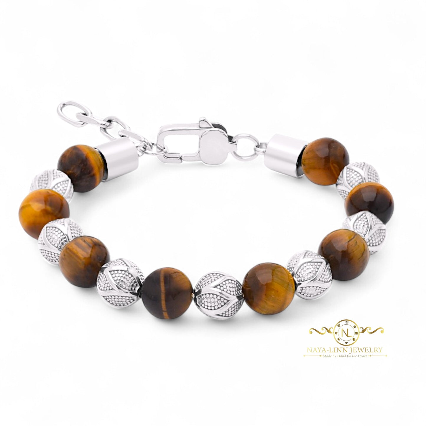 Kalu Men's Bracelet | 10mm Tiger Eye Beads | Metal Rounds | Lobster Clasp | Extender Chain