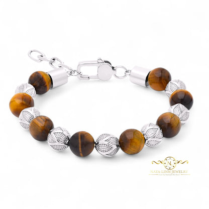 Kalu Men's Bracelet | 10mm Tiger Eye Beads | Metal Rounds | Lobster Clasp | Extender Chain