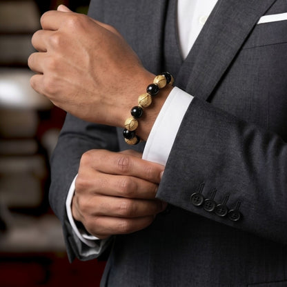 Kalu Men's Bracelet | 10mm Black Agate Beads | Metal Rounds | Lobster Clasp | Extender Chain