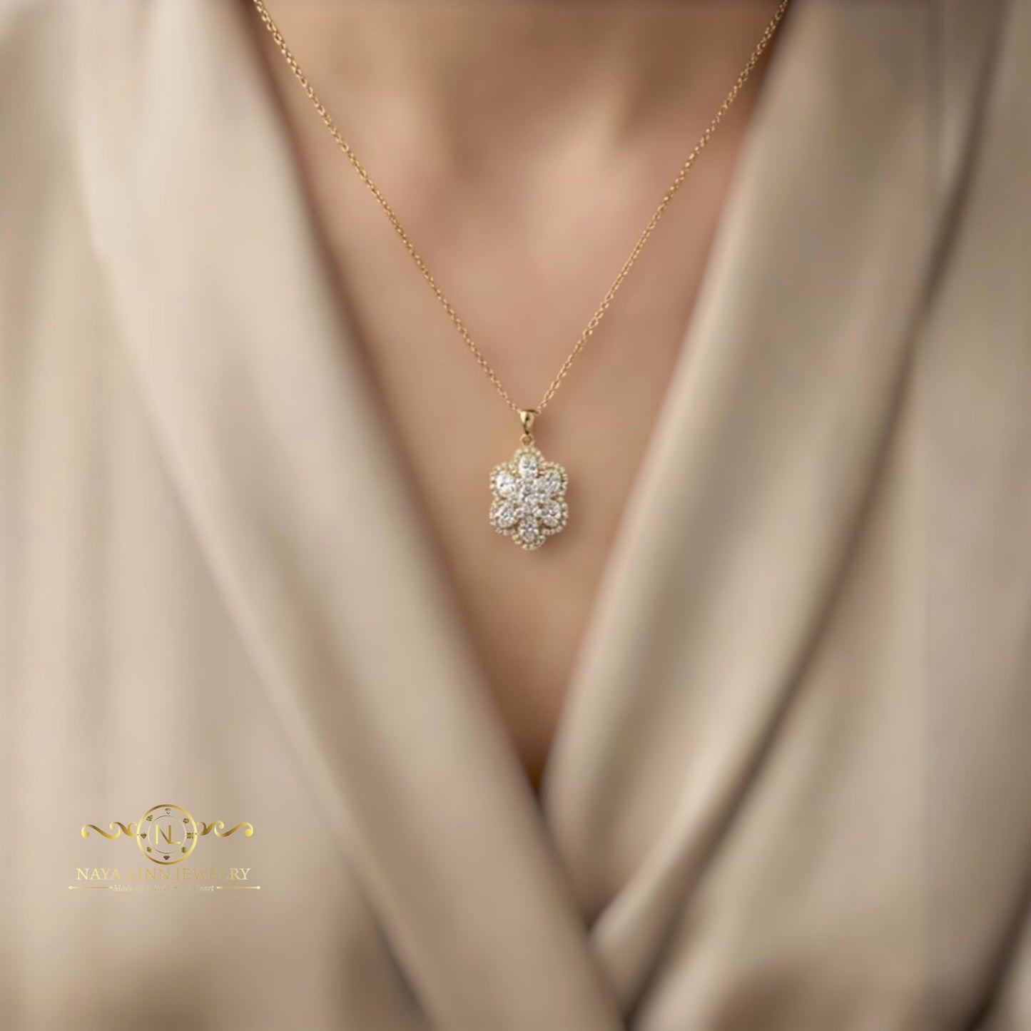 Leah Necklace | Clustered Oval Shaped Diamond Simulants | 14K Gold Plating Over Sterling Silver By Naya-Linn Jewelry