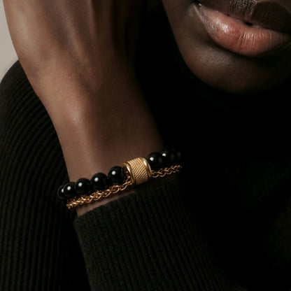 Lee Men’s Double Decker Bracelet with 10mm Tiger's Eye Beads & 18K Gold-Plated Link Chain